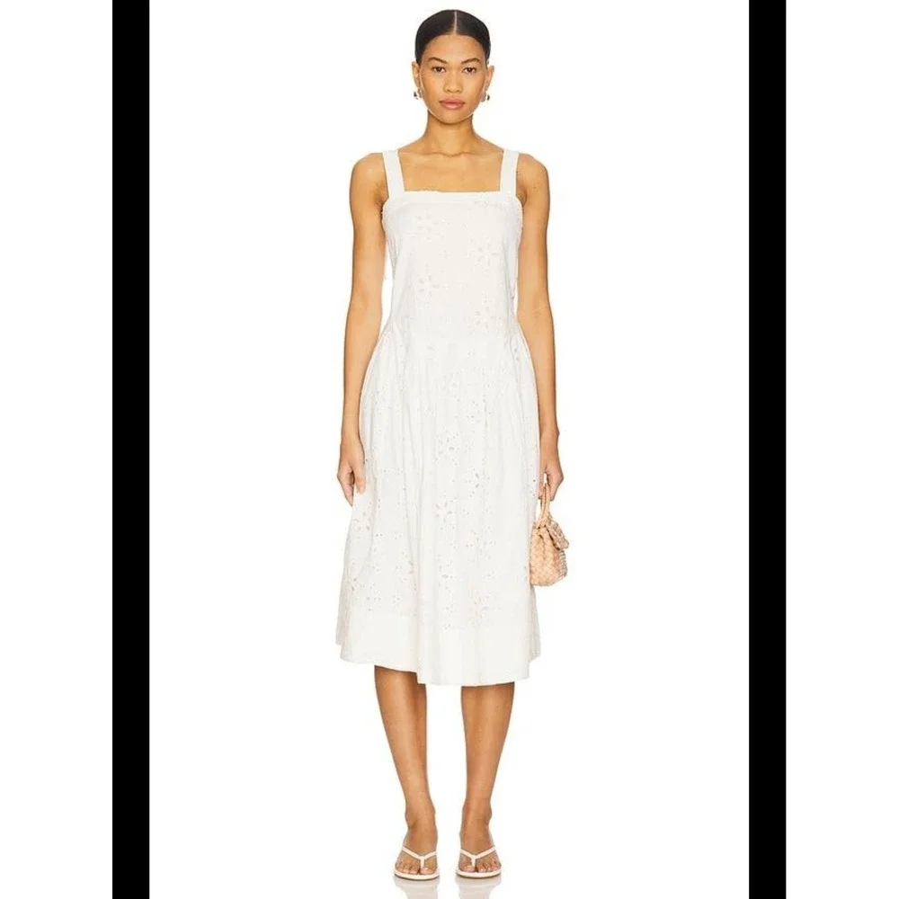 Free People Primavera Eyelet Lace Midi Dress XS White Boho Square Neck Tie Back